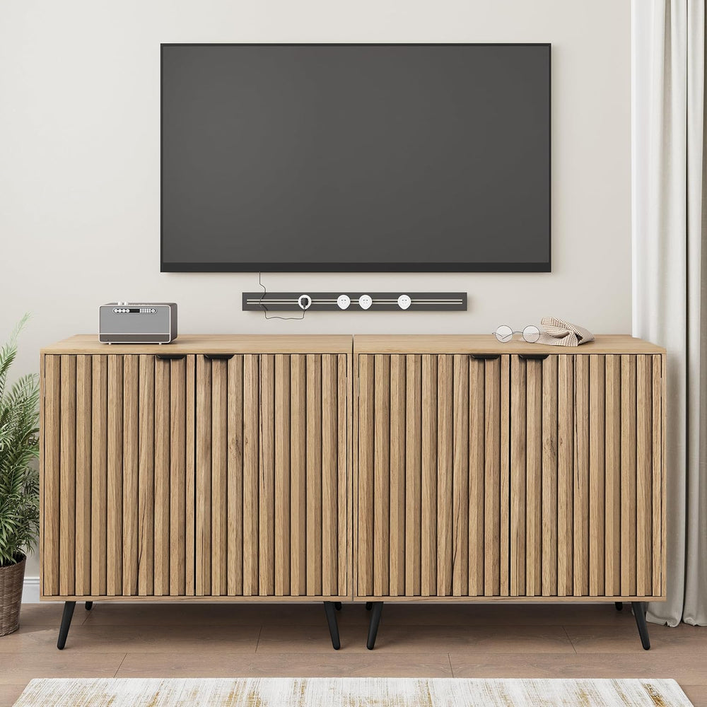 Smuxee Fluted Sideboard Cabinet, Freestanding Natural Buffet Cabinet with Adj...