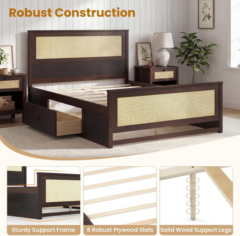 KOMFOTT Full Size Bed Frame with 2 Drawers, Rattan Bed Frame (Espresso)