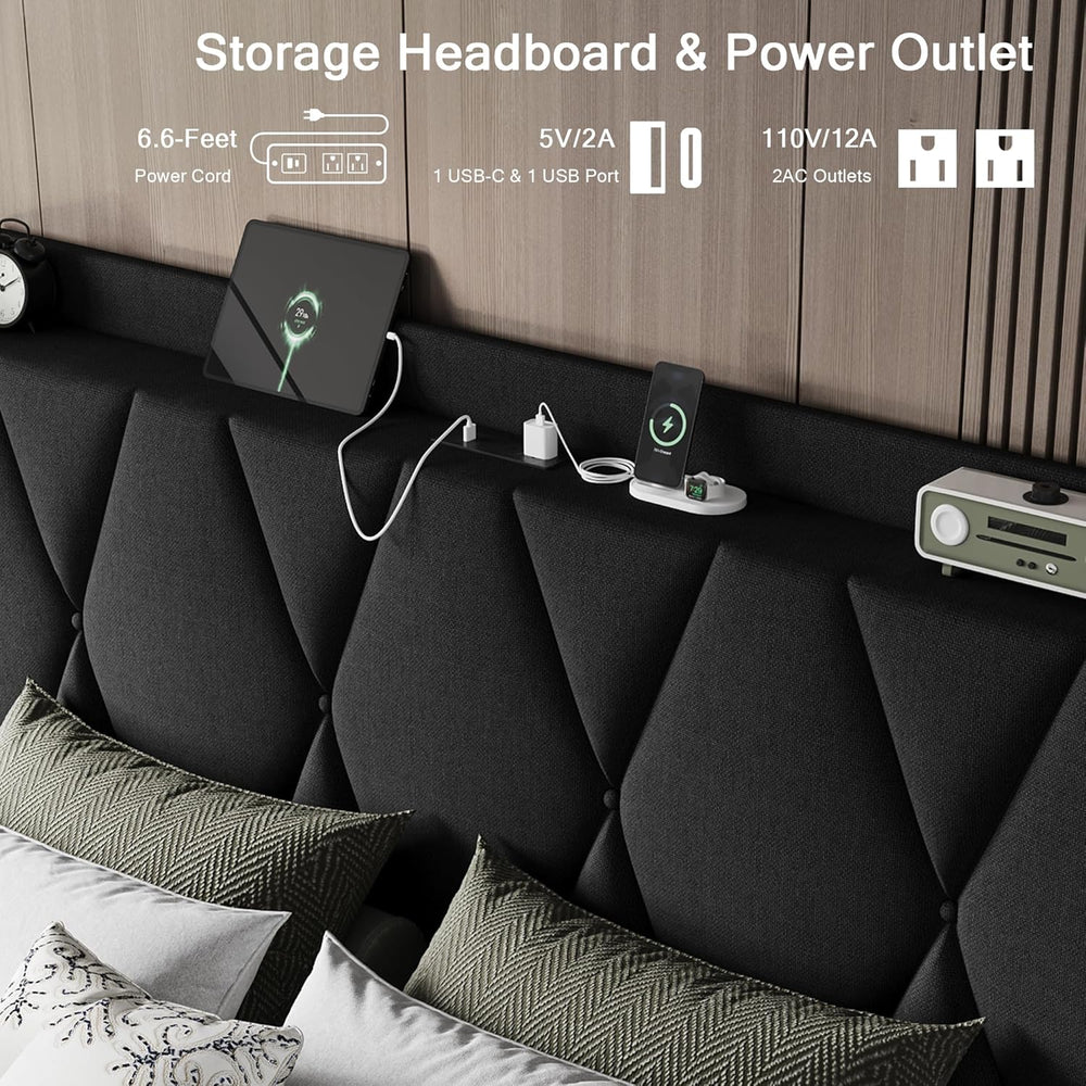 Einhomn Full Size Bed Frame with 4 Storage Drawers and Charging Station, Upho...