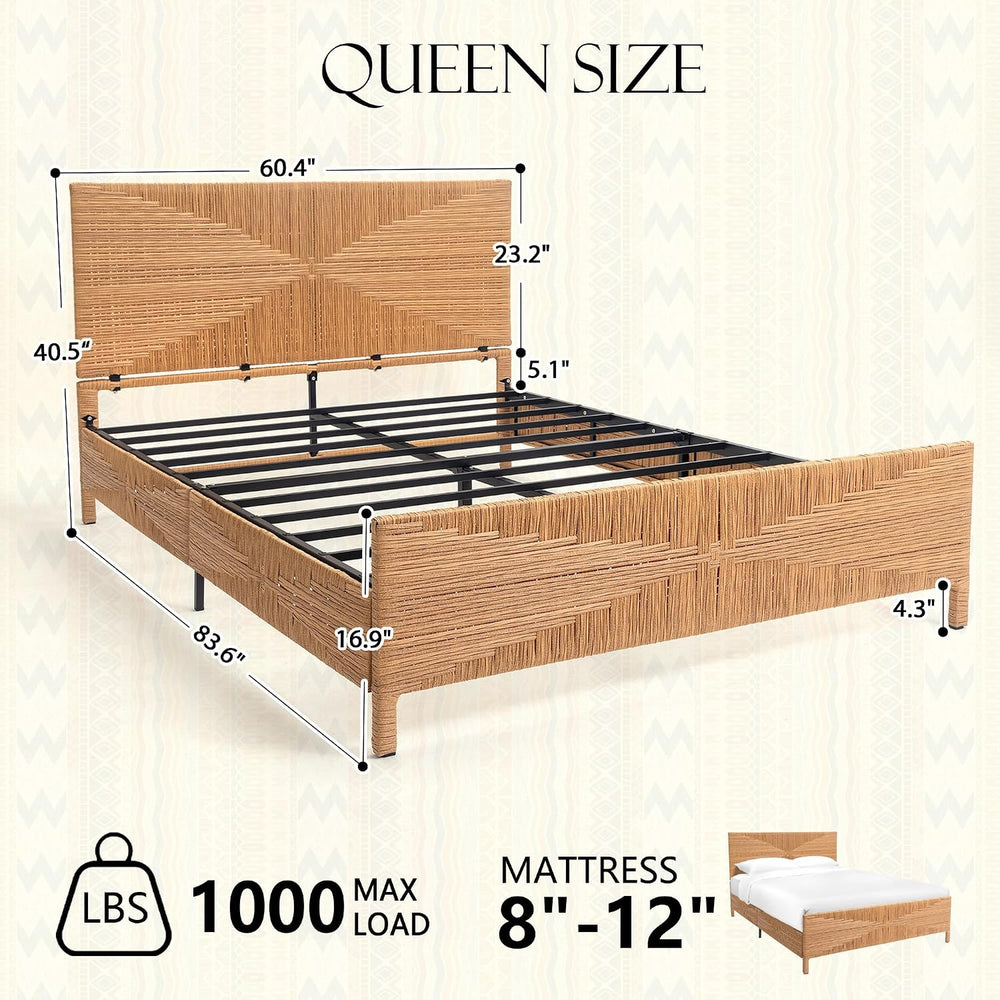 Queen Rattan Style Boho Bed Frame with Headboard and Footboard, Mid Century M...