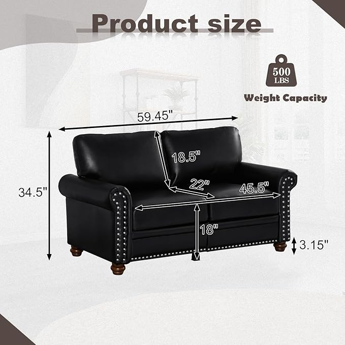 Faux Leather Loveseat Sofa, 59" W Mid Century Modern Couch with Storage,...