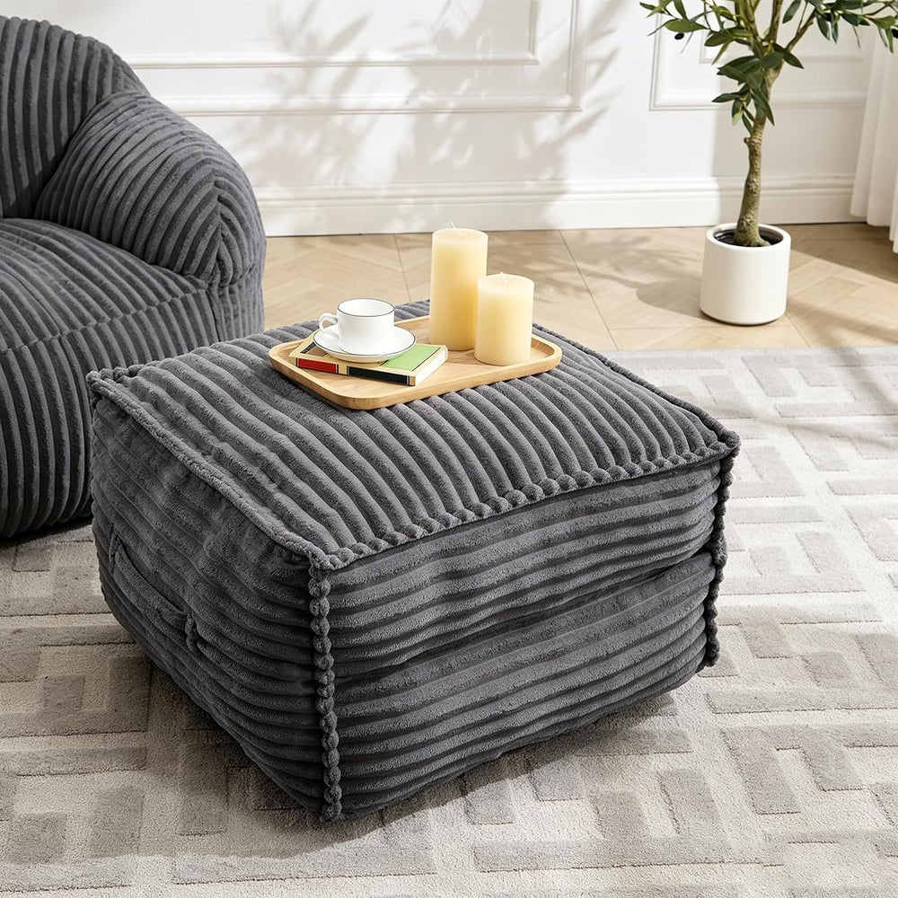 Square Stuffed Pouf Ottoman with Foam Chunk Filling, Darkgray