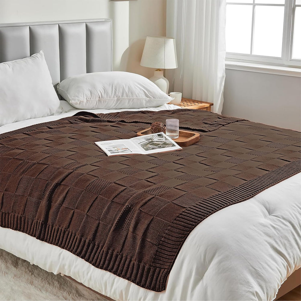 Dark Brown Knitted Checkered Throw Blanket 50"X60"