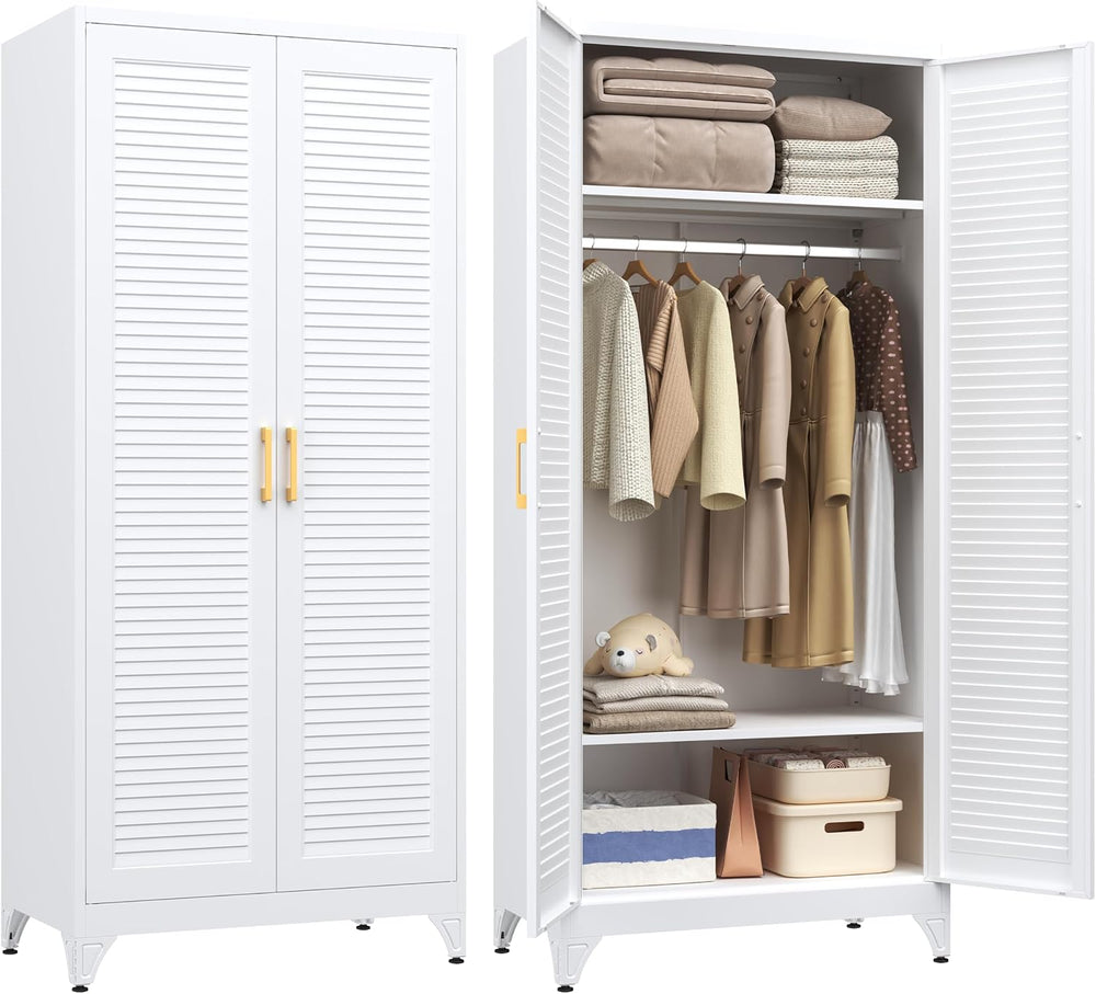 Steeloong 71"Armoire Wardrobe Close,White Wardrobe Cabinet with Hanging Rod