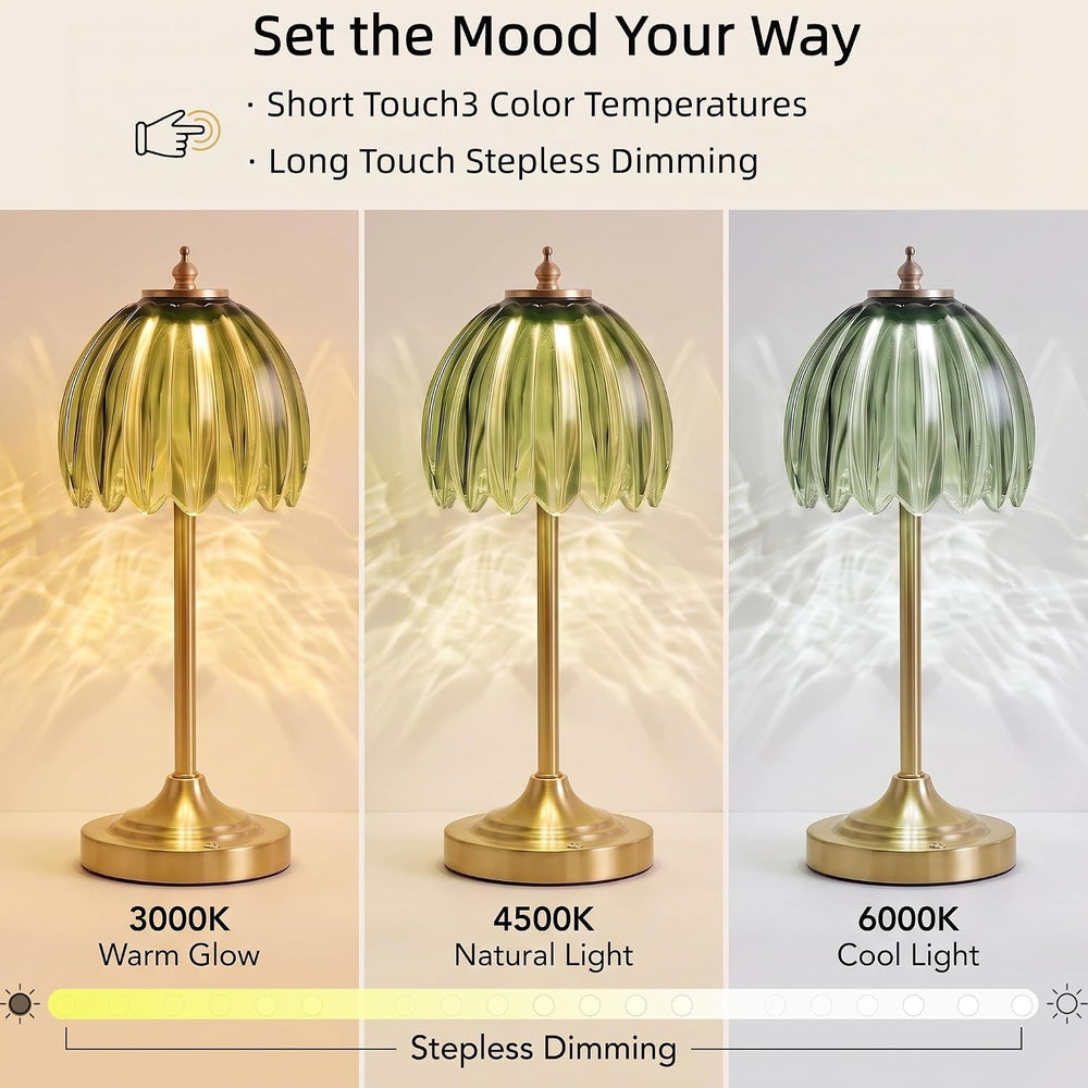 Tulip Glass Rechargeable Table Lamp, Floral Cordless Table Light(Green)