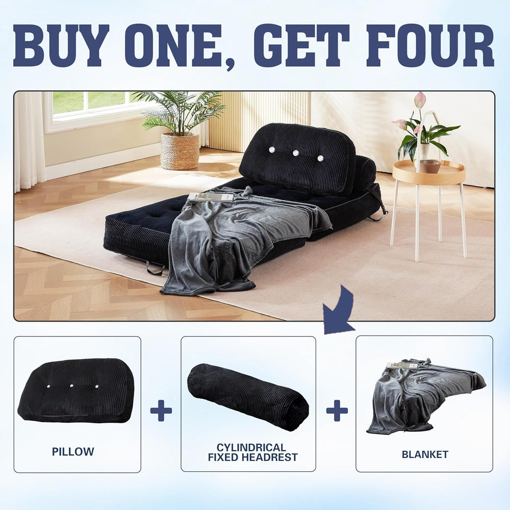 Folding Sofa Bed, Flannel Futon Couch Bed with Pillow and Blanket, Convertibl...