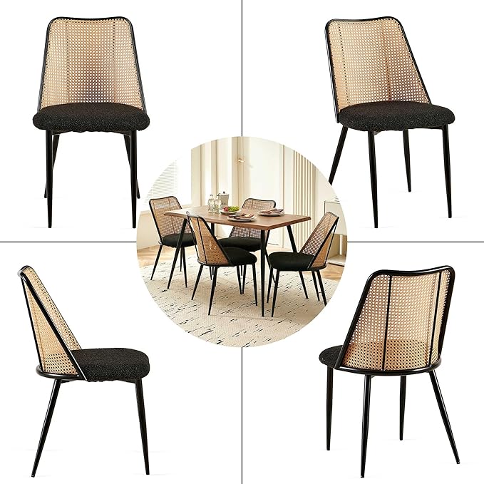 Dining Chairs Set of 2, Boho Rattan Back Dining Room Chairs Upholstered Boucl...