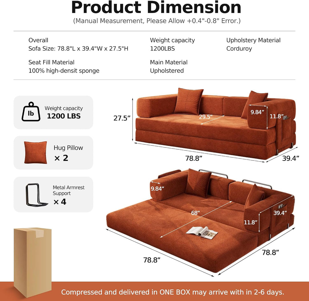 77" Convertible Futon Sofa Bed, Boneless Floor Couch for Living Room