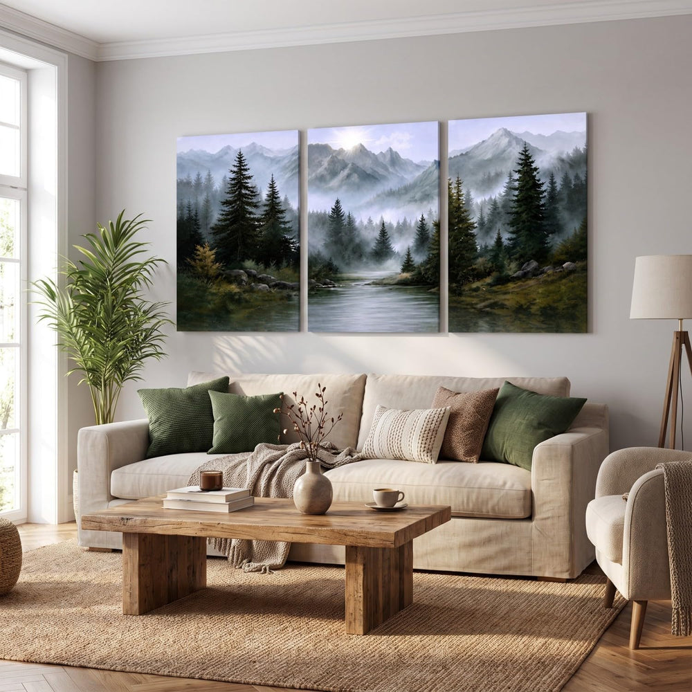 Mountain Wall Art Set of 3, foggy mountain Forest Nature Landscape Canvas