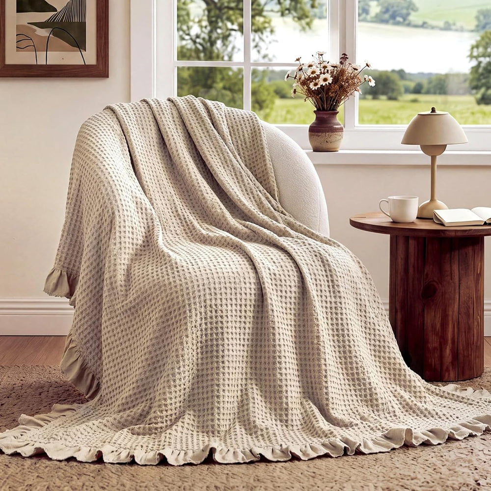 Tegeme Waffle Weave Blanket Cotton Beige Ruffle Throw Blanket