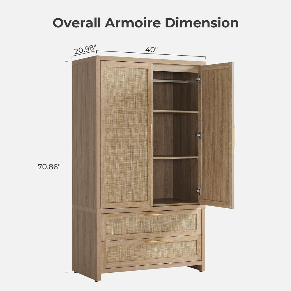SICOTAS 71 inch Rattan Wardrobe Closet, Boho Armoire Wardrobe with Drawers