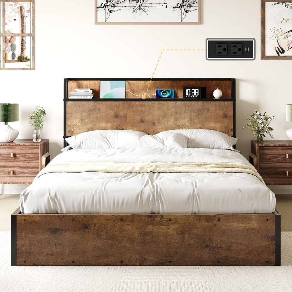 AMERLIFE Full Size Lift Up Storage Bed Frame with Charging Station