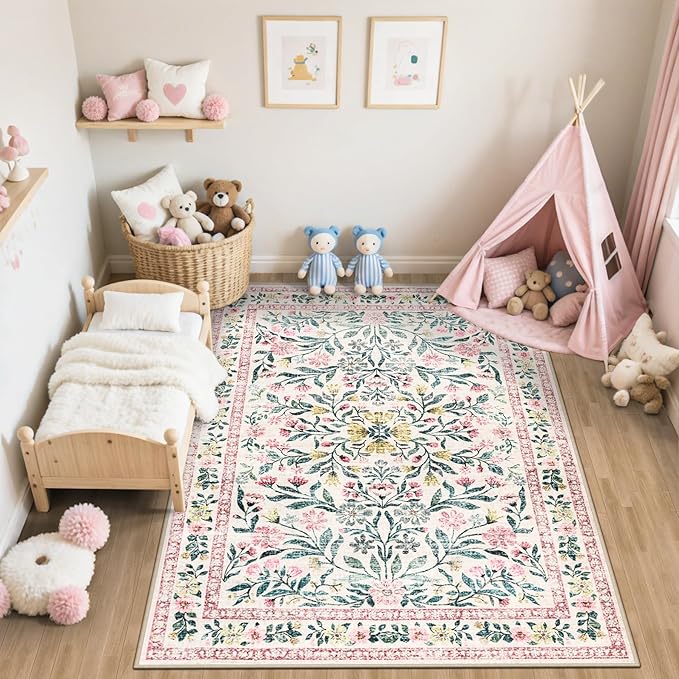 6x9 Area Rugs for Living Room: Floral Washable Rug Vintage Large Soft Boho