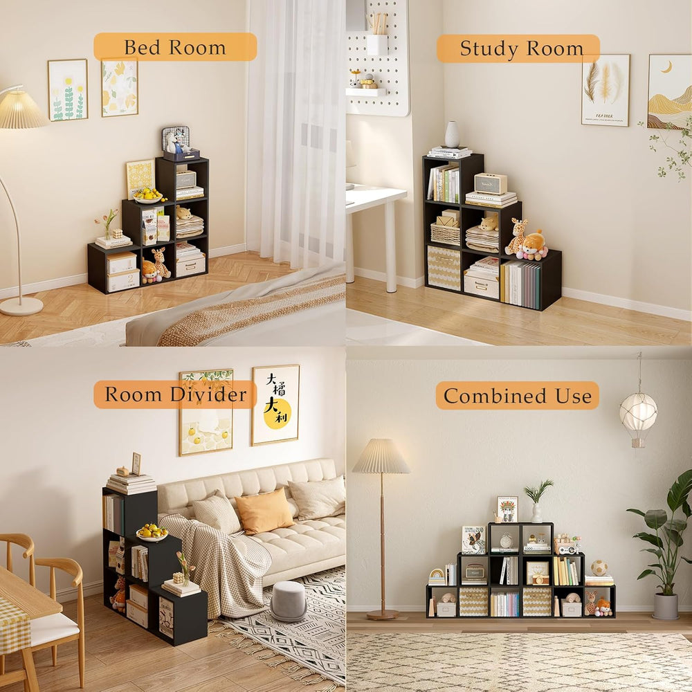 Ladder Cube Storage Bookcase - Wooden L-Shaped 3-Tier Corner Shelf, Reversibl...