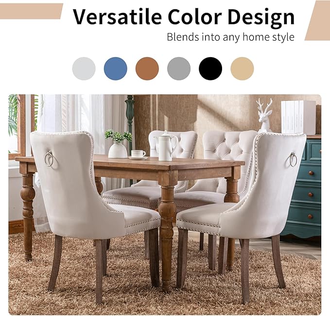 Modern Dining Chairs Set of 6, Tufted Upholstered Dining Chair with Solid Woo...