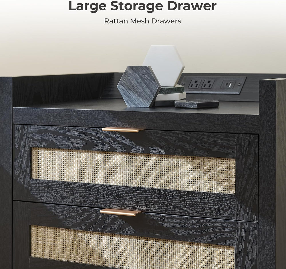 SICOTAS Nightstands Set of 2 : Rattan Tall Bedside Table with 3 Drawers | Far...