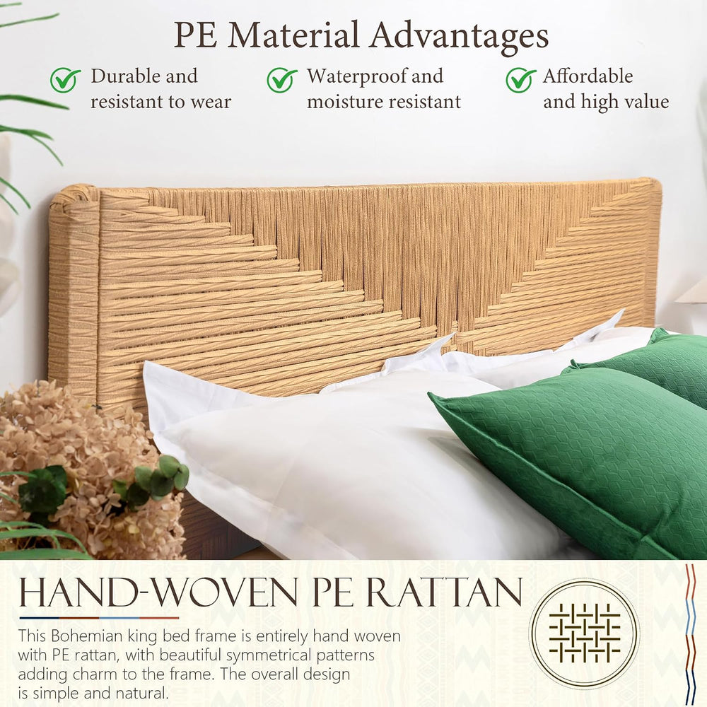 Hand-Woven PE Rattan King Bed Frame with Headboard and Footboard, Boho Mid Ce...