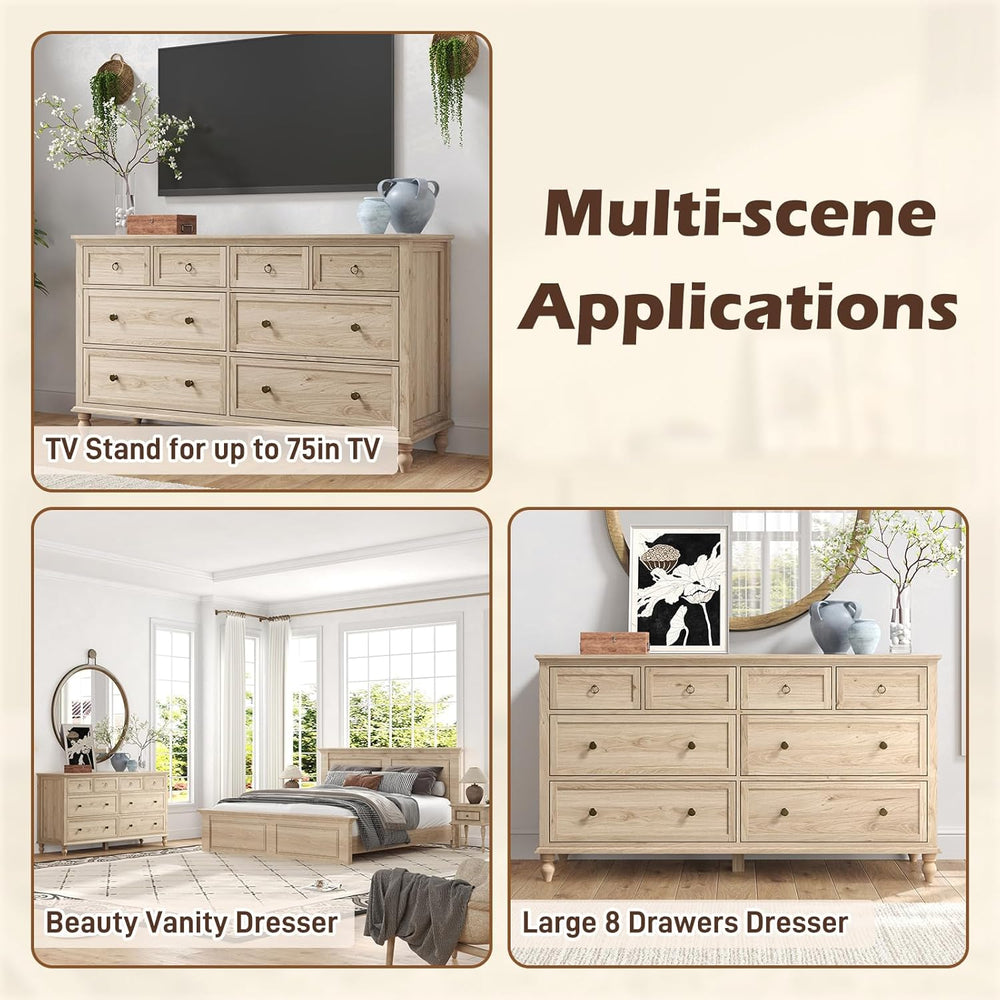 65inch Large Long Wood 8 Drawer Dresser for Bedroom,20" Deep Drawers,Oak