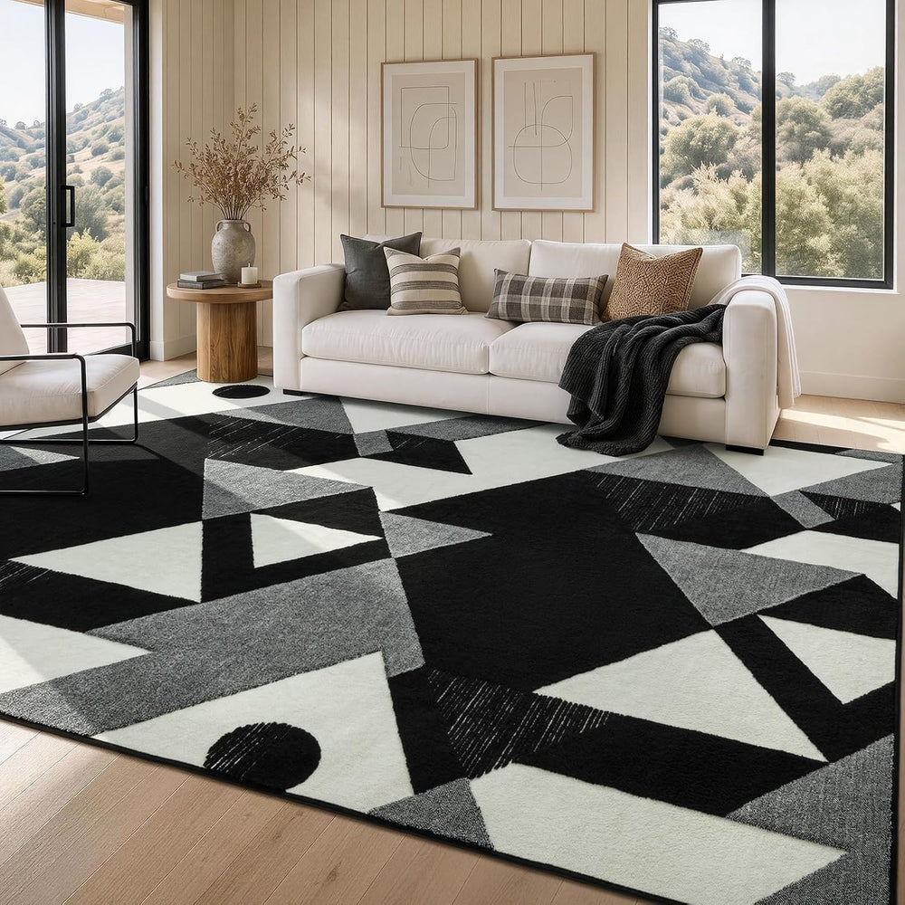 YIHOUSE 8x10 Black and White Modern Geometric Patchwork Washable Area Rug