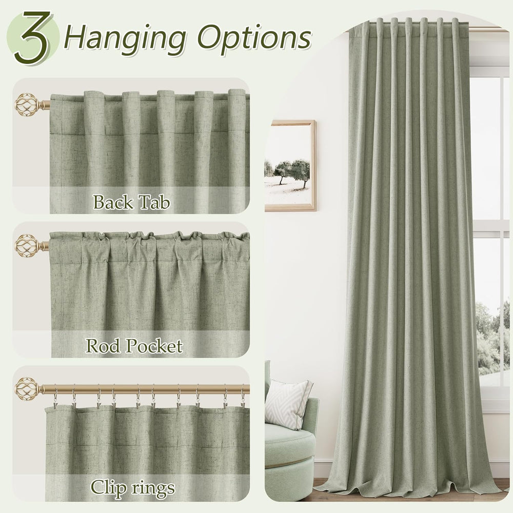 100% Blackout Linen Curtains 84 Inch Long 2 Panels Sage Green