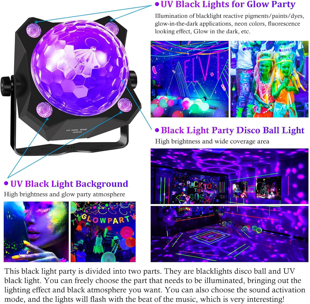 2 in 1 Glow Party Black Light Disco Ball Light with Sound Activated Strobe Dj...