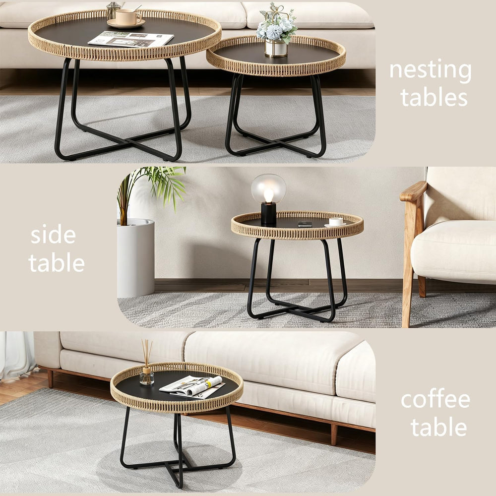 Round Woven Nesting Table, Wicker Coffee Table and Side Table Set of 2 | Meta...
