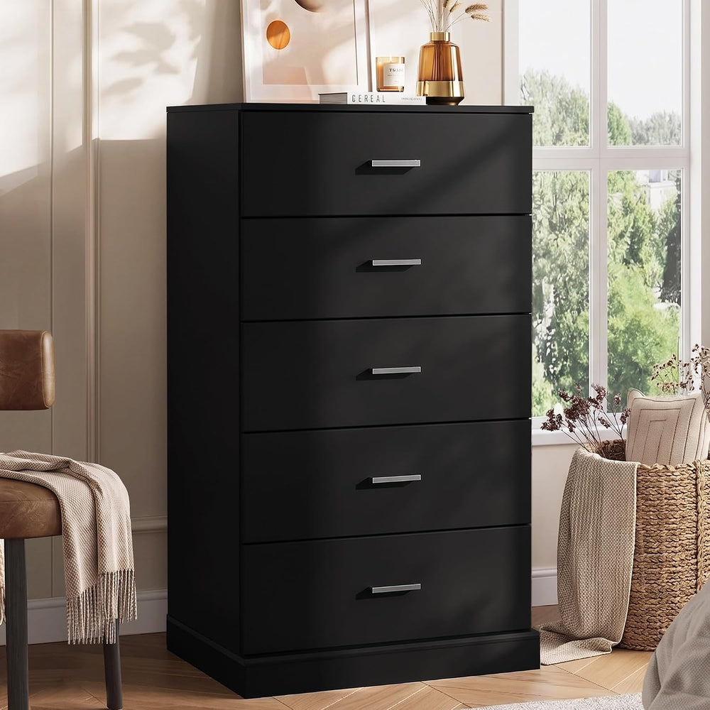 WLIVE Black 5 Drawer Dresser Tall for Bedroom with SGS-Tested Anti-Tip
