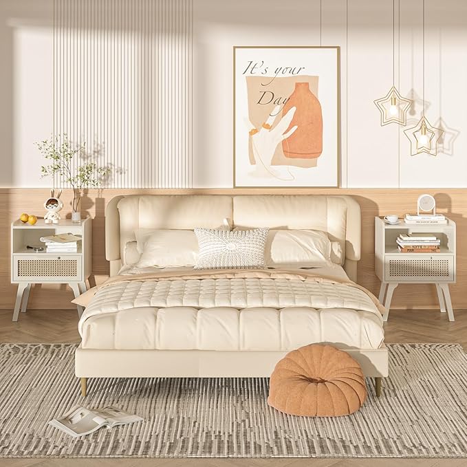 Lerliuo Rattan Nightstand, Side Table with Drawer Open Shelf, Cane Accent Bed...