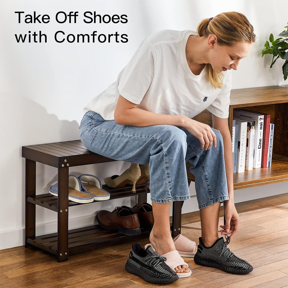 Pipishell Bamboo Shoe Rack Bench, 3 Tier Sturdy Shoe Bench, Storage Shoe Orga...