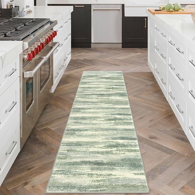 Lansny Modern Abstract Runner Rug 2x6, Sage Green Grey Washable Entryway Runner