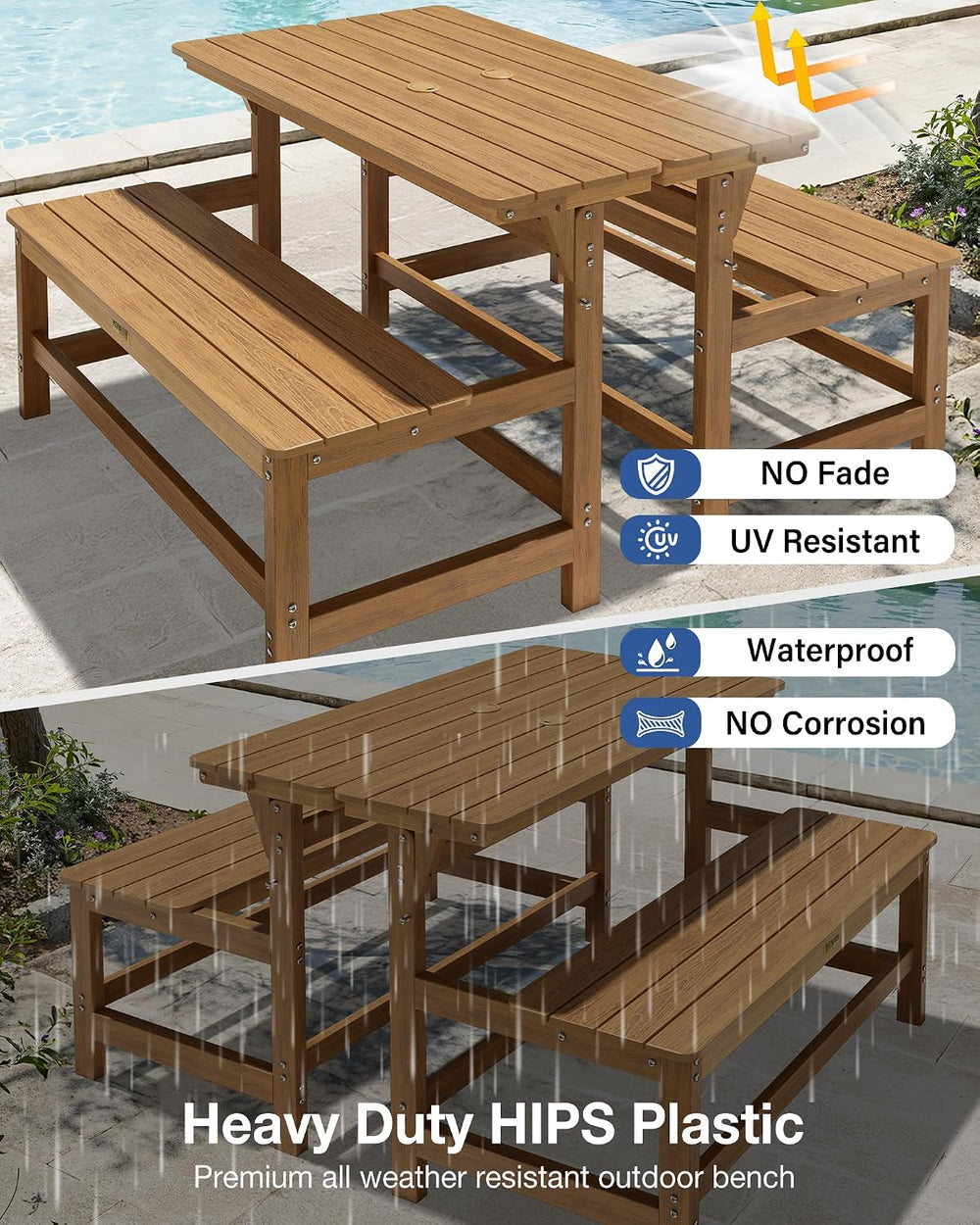 YEFU Convertible Bench Picnic Table, 2-in-1 Foldable Outdoor Bench, Teak