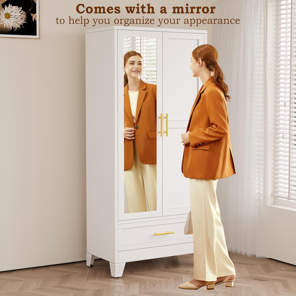 RIETERN Metal Armoire Wardrobe Closet, 71" Bedroom Closet with Mirror White