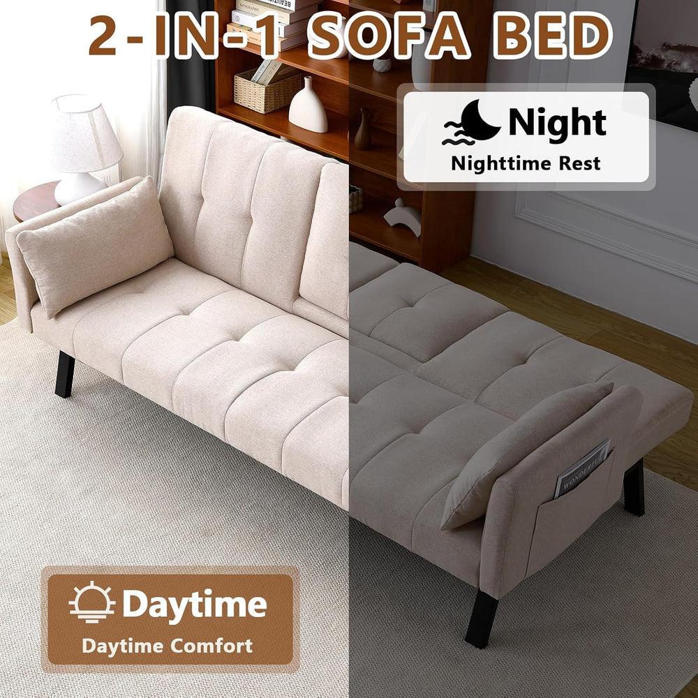 72" Cotton Linen Futon Couch Living Room Couch Bed Convertible Sleeper S...