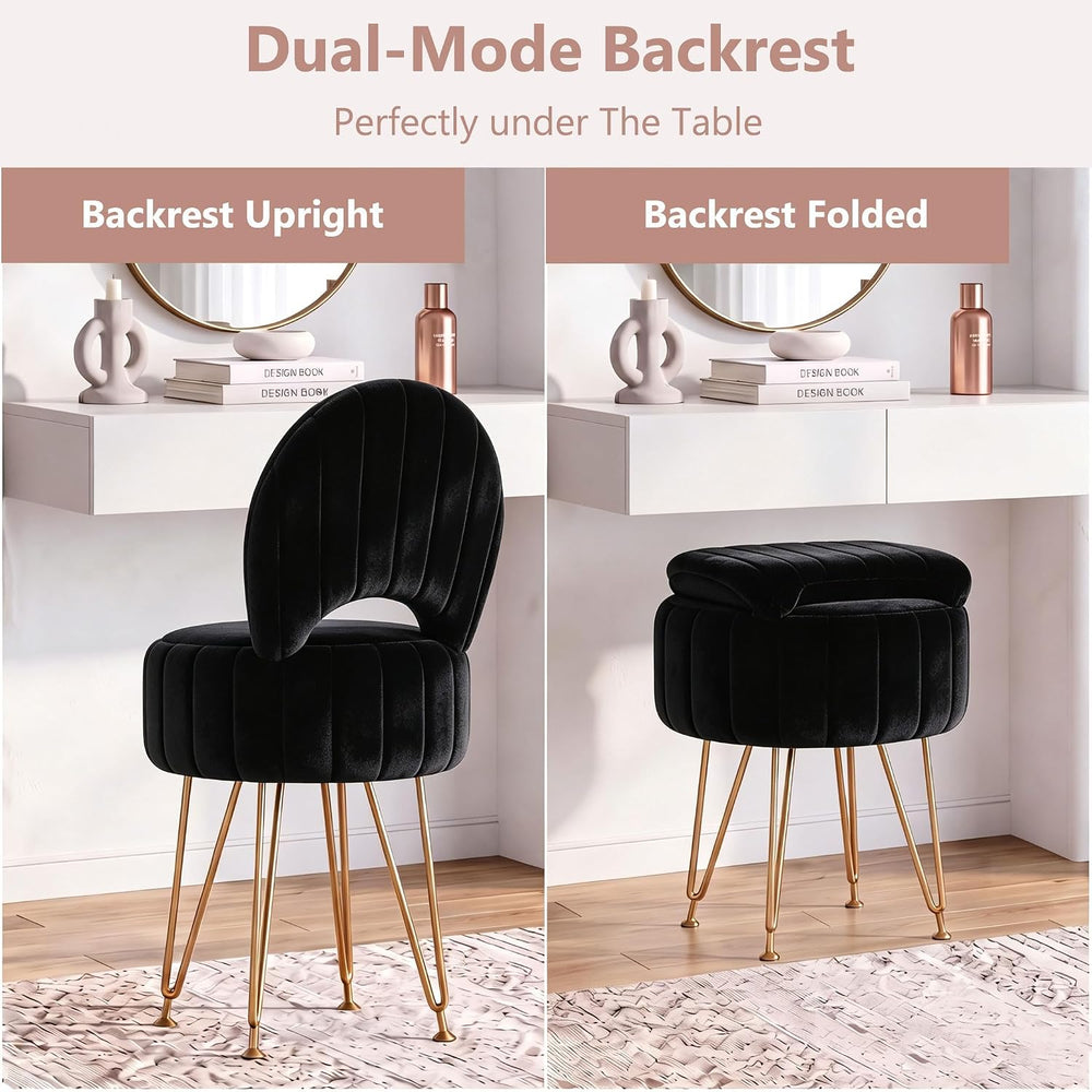 Garvee Vanity Stool Chair with Storage, Folding Back,Faux Fur,Black,Small