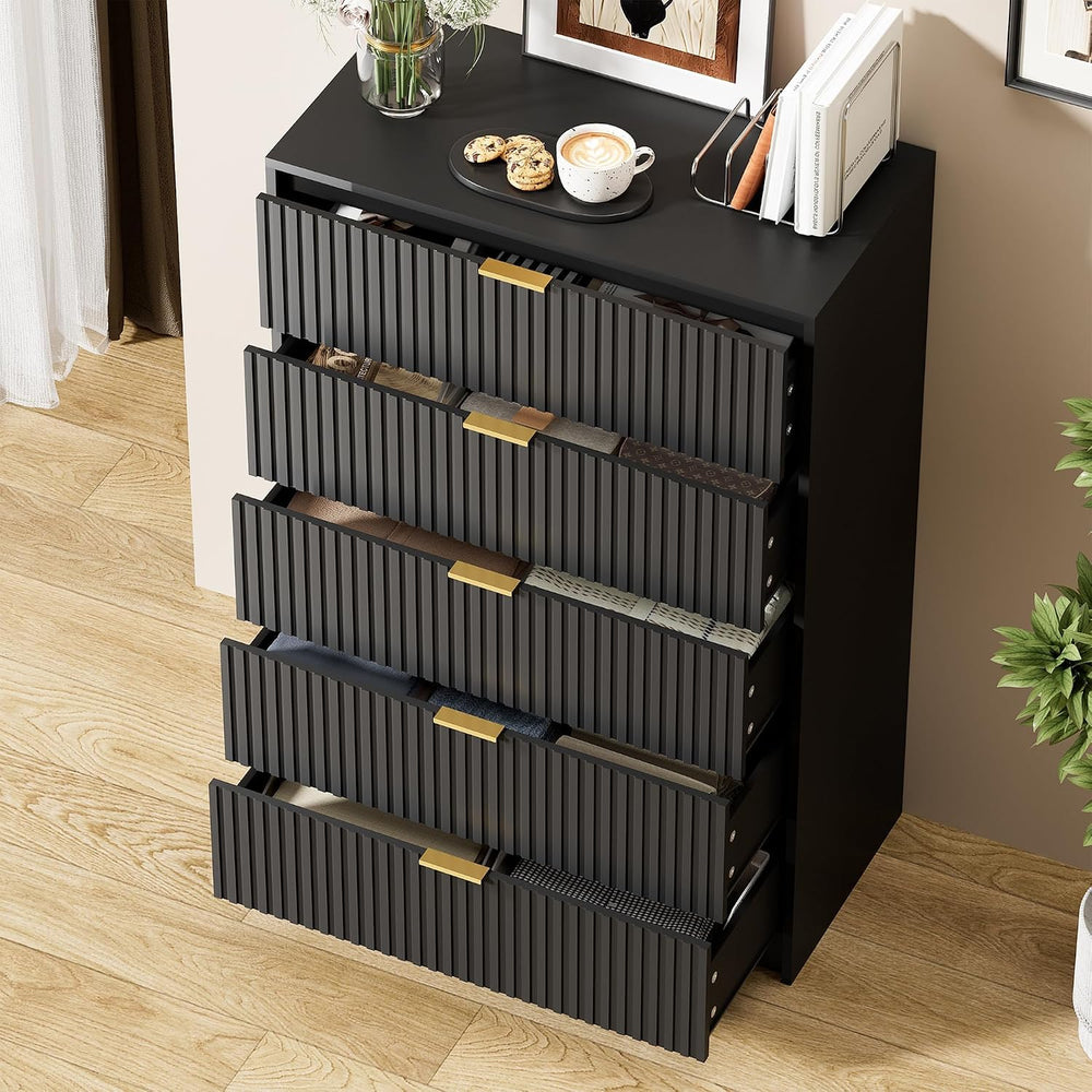 3 Piece Modern Bedroom Set, 5 Drawer Dresser with 2 Nightstands, Black