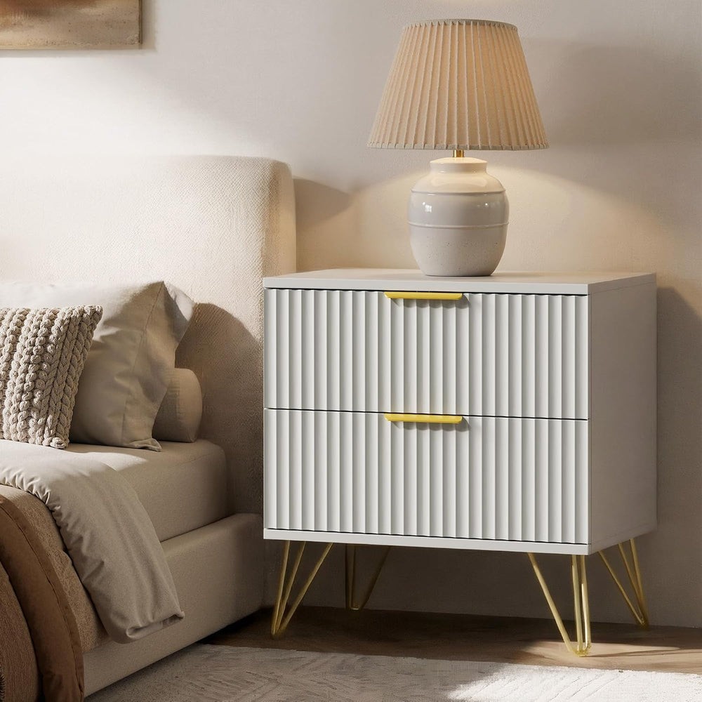 White Fluted Nightstand Set of 2, Modern Bedside Table with 2 Drawers and Gol...