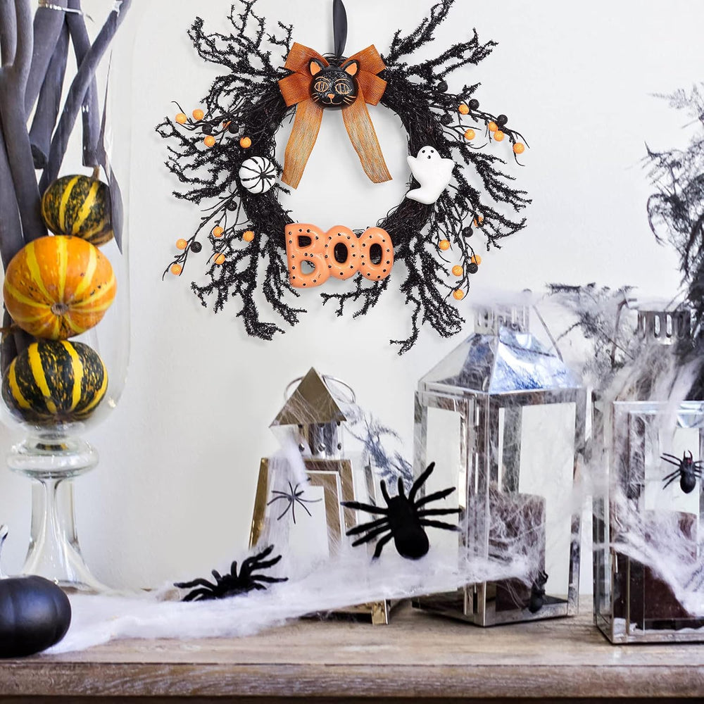 Halloween Wreaths for Front Door, 18Inch Halloween Wreath with Black Cat Boo ...