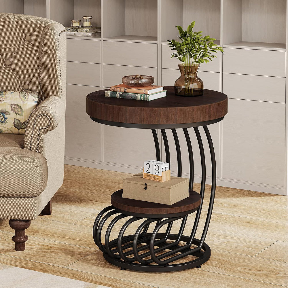 Tribesigns Round End Table, 2-Tier Farmhose Wood Side Table with Shelf Storag...