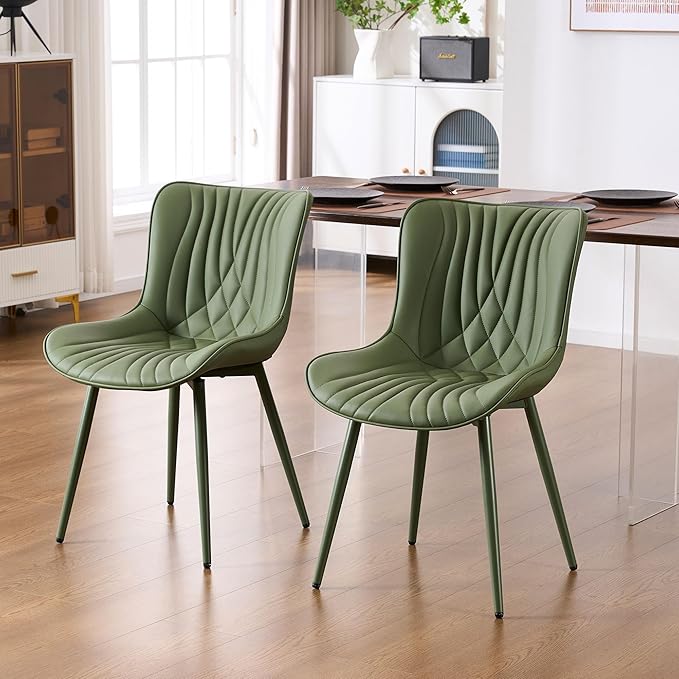 YOUTASTE Upholstered Leather Dining Chairs Set of 2 All Olive Green, Mid Cent...