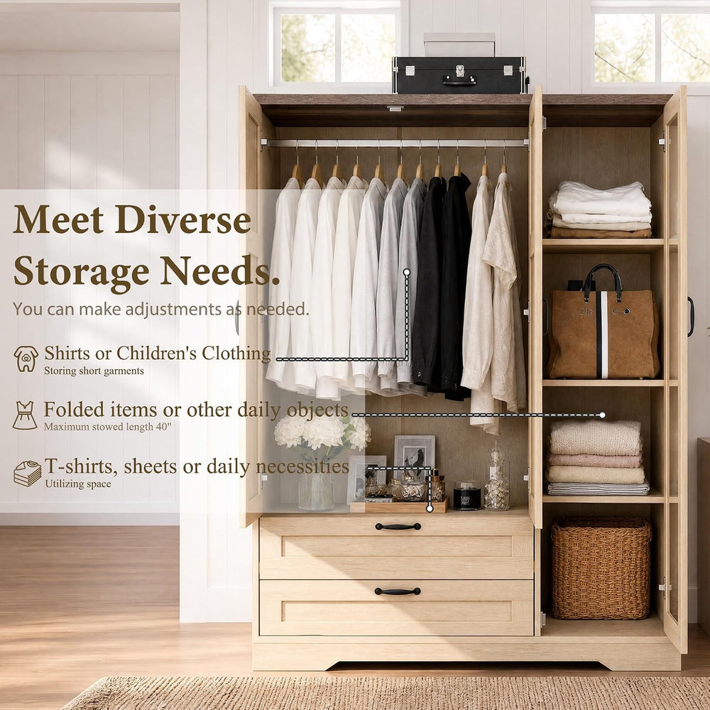 62" Wooden Armoire Wardrobe Closet with 3 Doors & 2 Drawers, Mirror