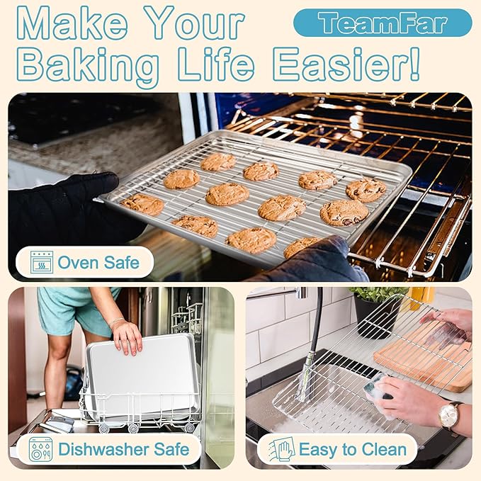 TeamFar Baking Sheet with Rack Set, 17.6/16/12.5 Inch Stainless Steel Cookie