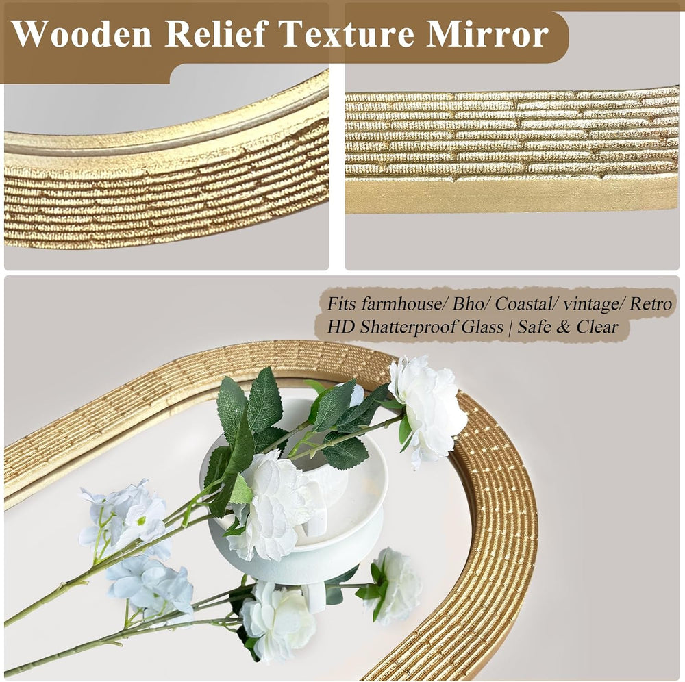 WAMIRRO Gold Round Wood Mirror, 36 Inch Hand Carved Solid Wood Frame Circle M...