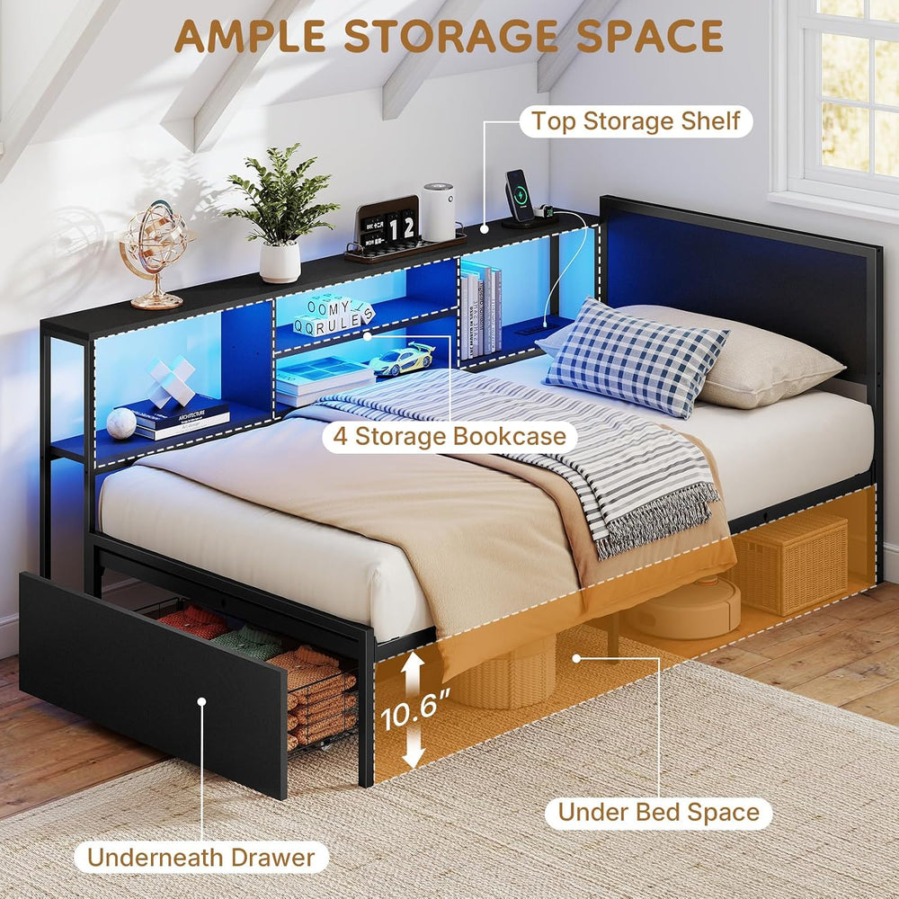 Zevemomo 2 Twin Bed Frames w/Storage Drawers, Wooden Headboard, Bookcase