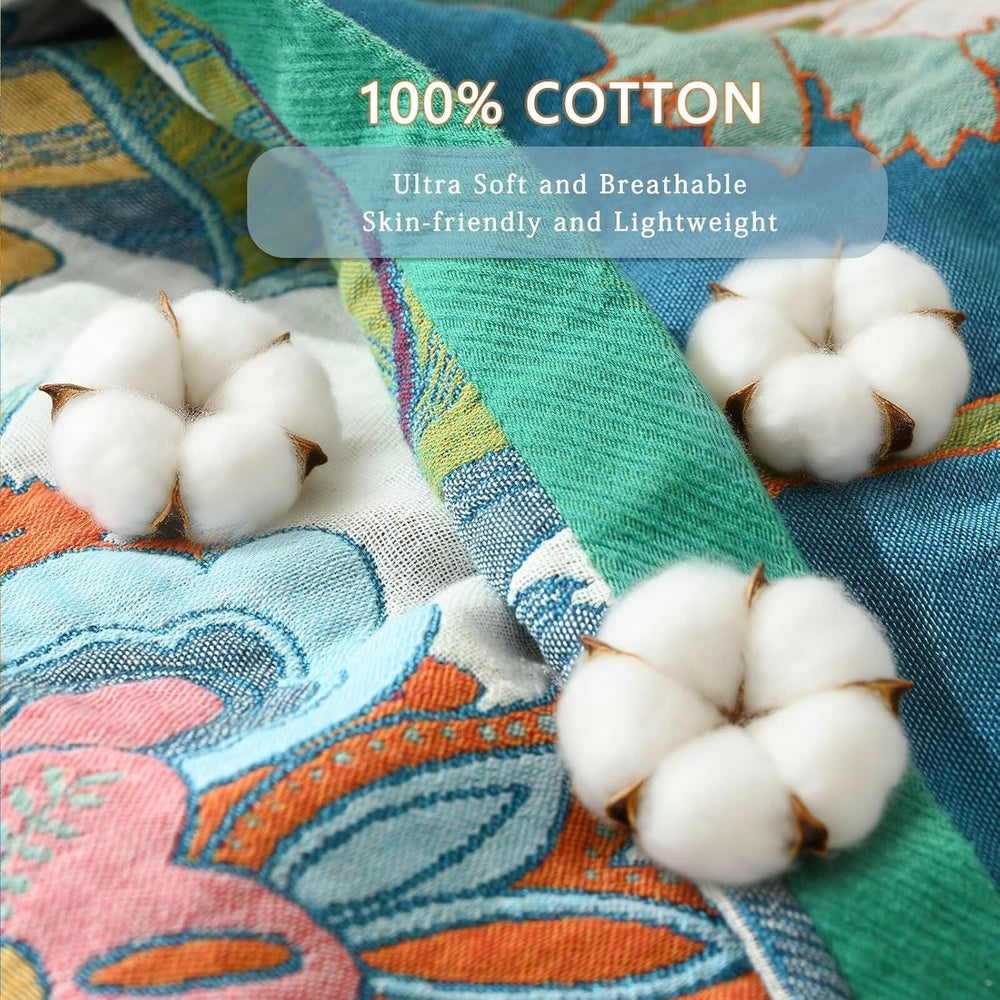 Boho Blanket Soft Muslin BohoThrow Blanket, 100% Cotton Floral Printed Farmho...