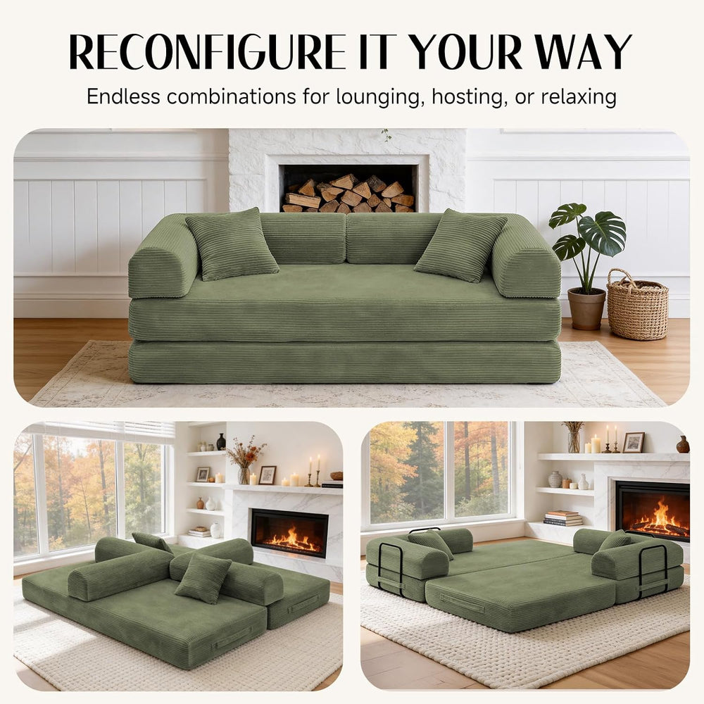 79" Corduroy Sofa Bed, Boneless Couch in a Box with 2 Pillows, High-Dens...