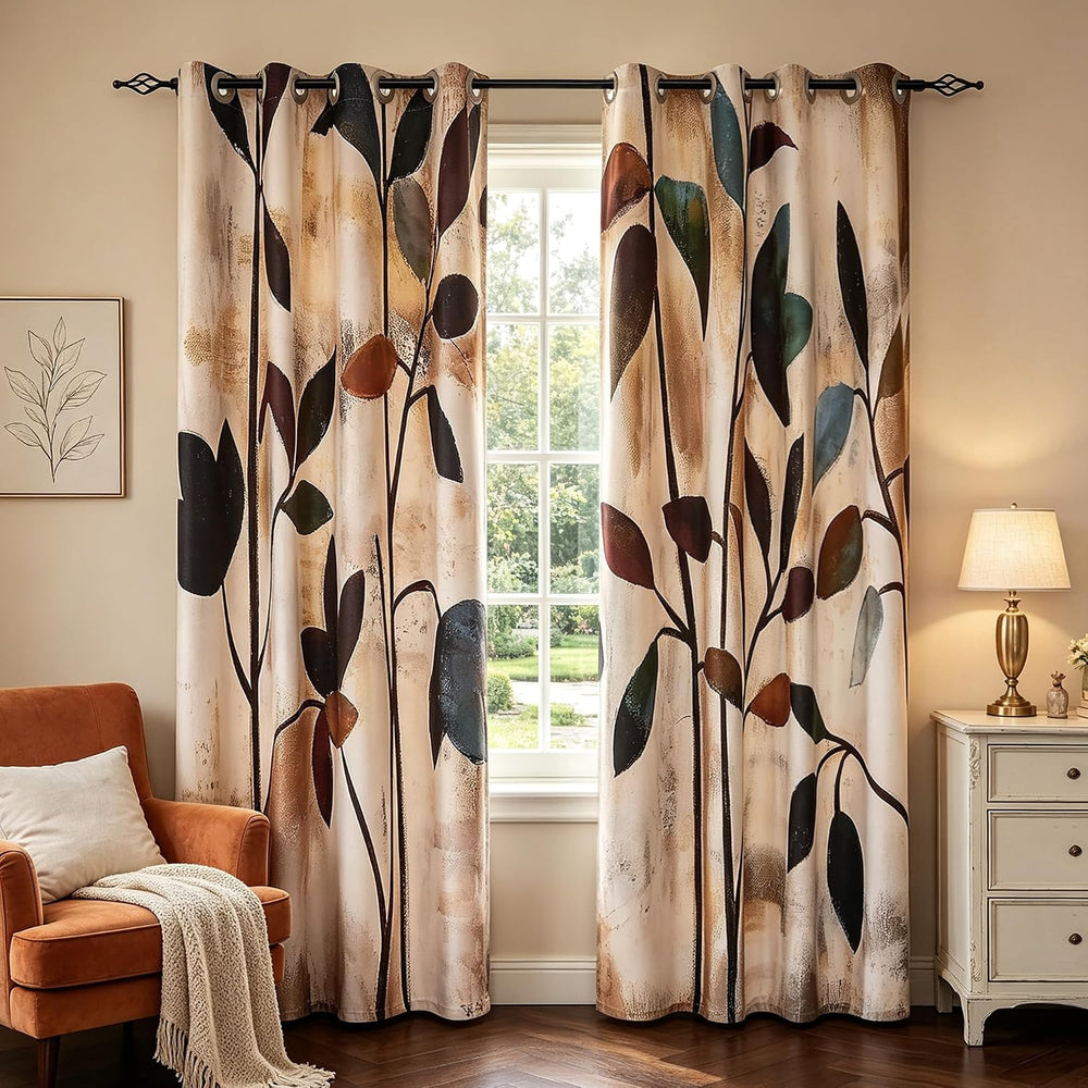 SUBRTEX Brown Leaf Floral 84 Inch Curtains for Living Room, 2 Panels