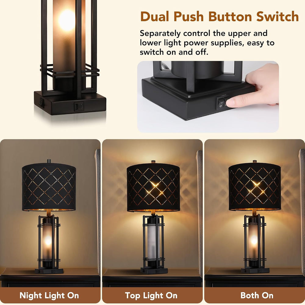 27'' Modern Table Lamp Set of 2 with Nightlight, Metal Bedside Lamps