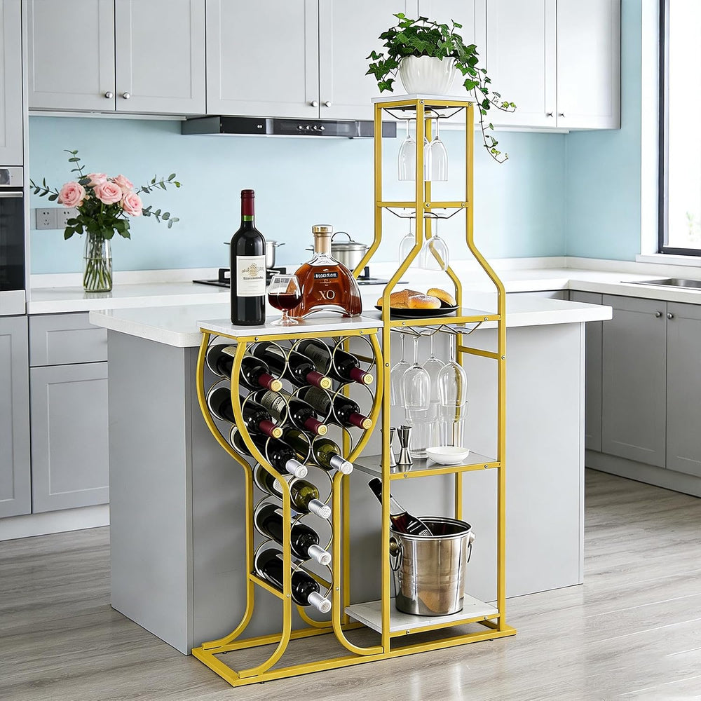 5-Tier Wine Rack Freestanding Floor, 11 Bottles Modern Wooden Wine Holder-Sto...