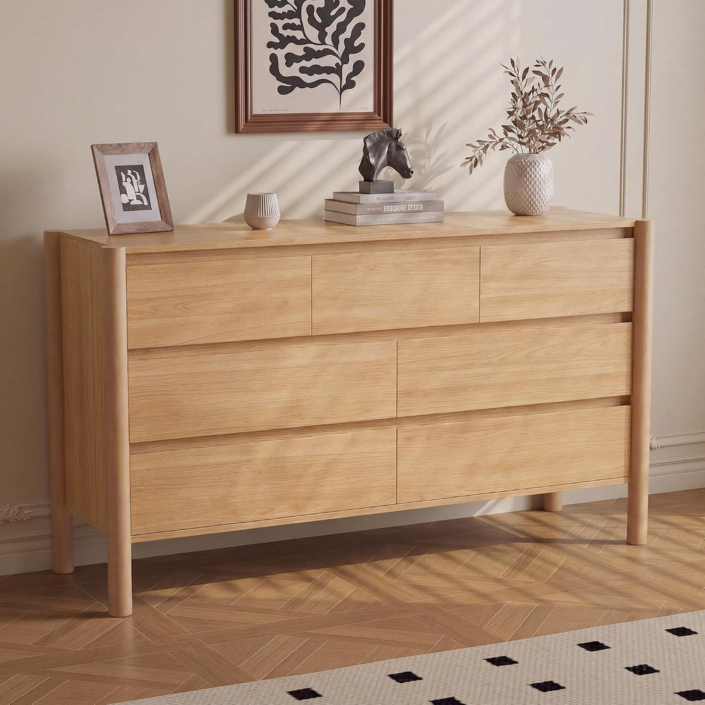 51.1" Wide Oak 7 Drawer Dresser for Bedroom with Solid Wood Legs