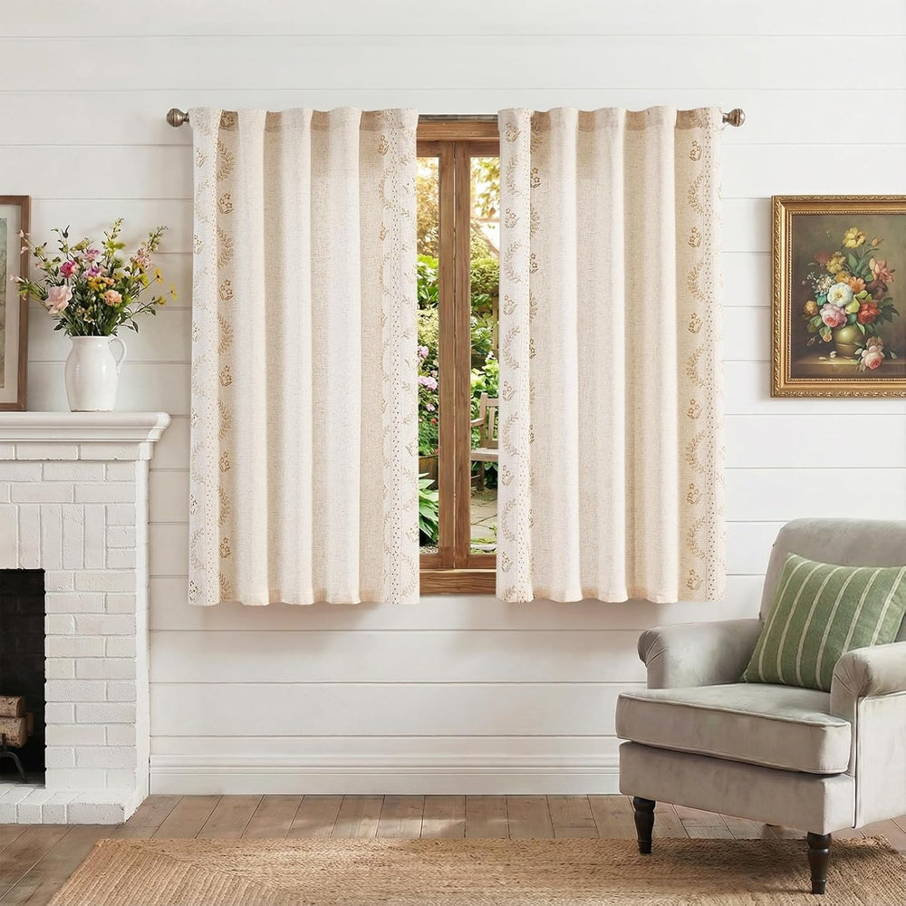 jinchan Beige Floral Linen Kitchen Tier Curtains 50x45 Inch 2 Panels